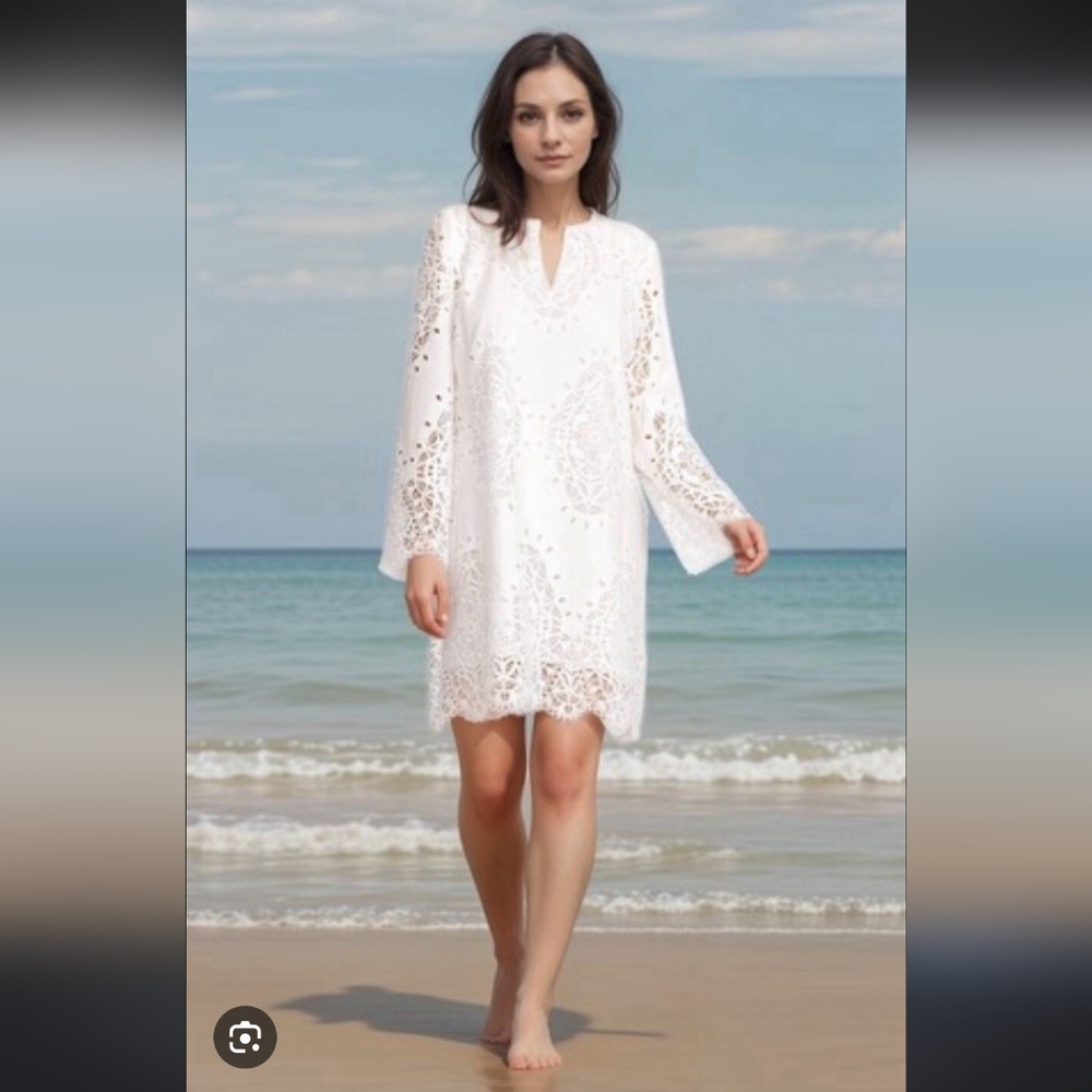 NWT Johnny Was Jade Biya Elandra Shift Dress White Embroidered Lined L $465